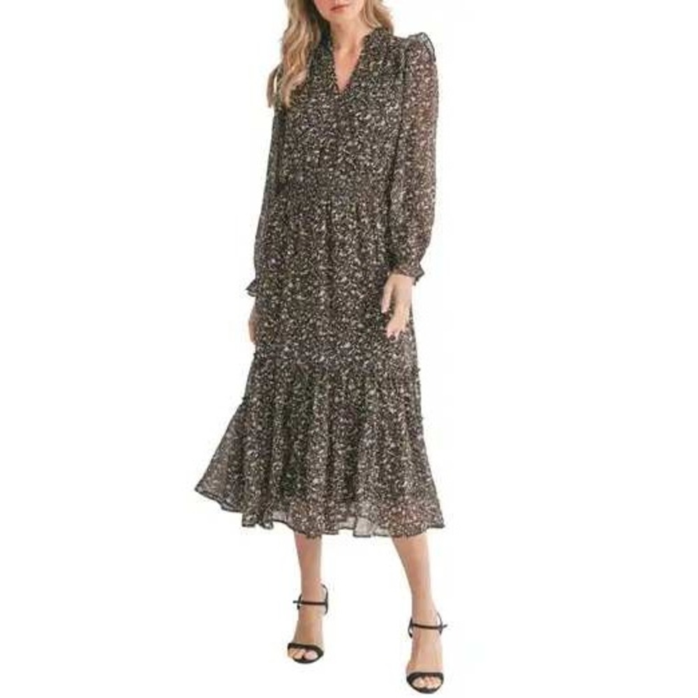 Mila Mae Midi Dress Women Large Black Floral Smocked Tiered Gold Accents DR98881